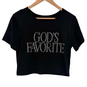 Gods Favorite Rhinestone Cropped Black Stretch Top Size M/L